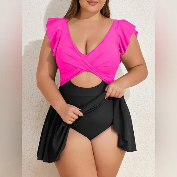 NWOT B2prity Women's Swimsuit One Piece Ruffle V Neck Cutout Wrap with Skirt - Picture 2 of 9